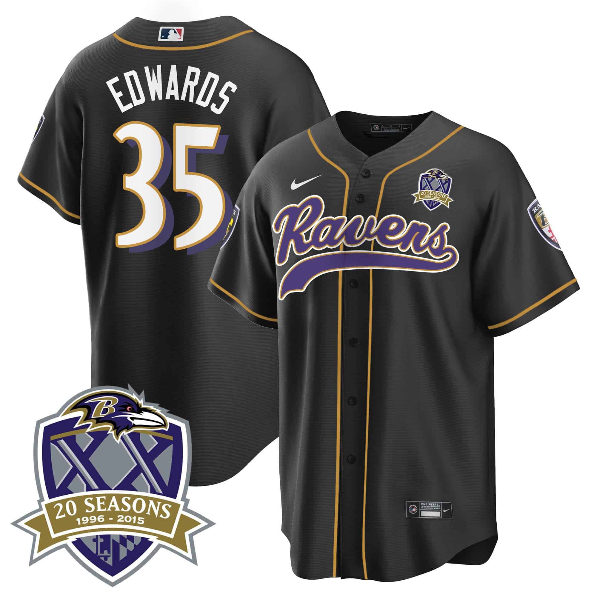 Men Baltimore Ravens #35 Edwards Black 2024 Nike 20th Season Patch Baseball NFL Jersey style 1